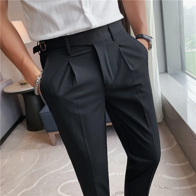 

2023 Men Business Casual Dress Pants Men Belt Design Slim Trousers Formal Office Social Wedding Party Dress Suit Pant 28-38