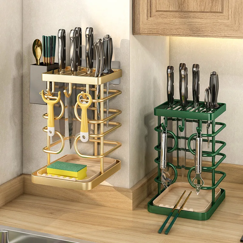 Household knife holder with integrated knife rack, peeler, scissors, and draining rack