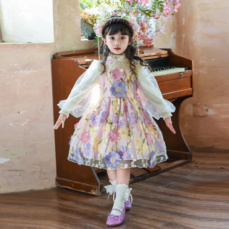 فستان أداء المسرح للفتيات الصغيرات فستان عيد ميلاد للأطفال تنورة حفلات الأميرة لوليتا مجموعة فساتين فتاة صغيرة مُزينة بنقشة الزهور
