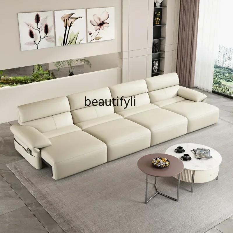 Wireless Remote Control Electric Multi-Function Automatic Retractable Leather Sofa Bed Modern Minimalist