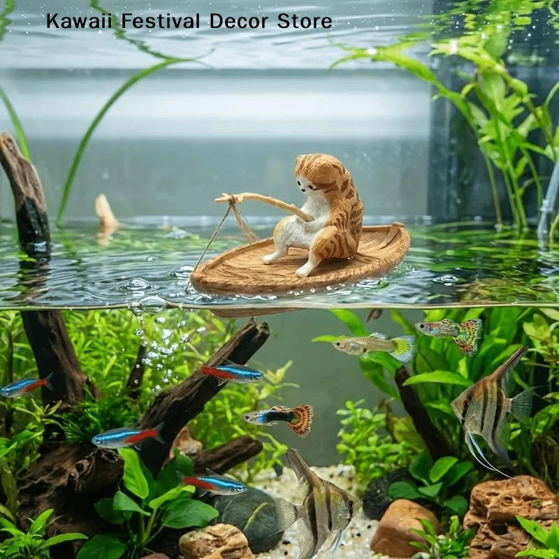 【K】1Pcs High Quality Resin Durable Fish Tank Decor Marine Theme Creative Cat Fishing Boat Aquarium Ornament