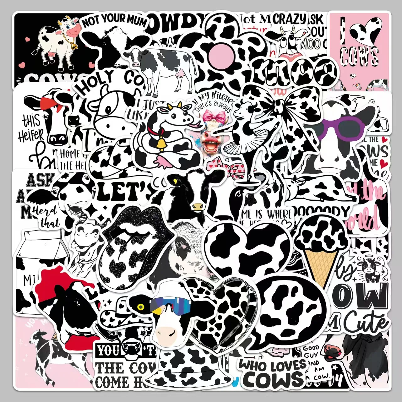 50 Pieces Cartoon Cow Stickers, Black & White Spotted Animal Trendy Decals for Phone Cases, Tablets and Storage Boxes