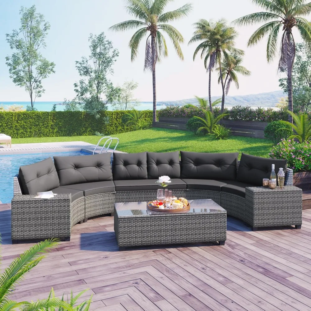 

8 Piece Outdoor Patio Furniture Set, Wicker Conversation Patio Sofa Set with Rectangular Glass Top Coffee Table for Backyard, P