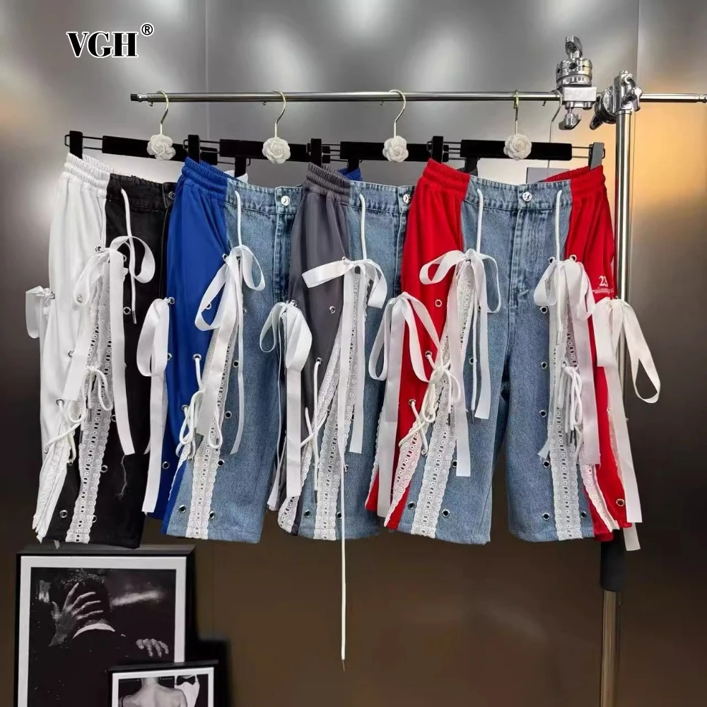 

VGH Hit Color Patchwork Drawsting Knee Length Pants for Women Spliced Lace Up Fake Two Piece Set Straight Trousers Female Summer