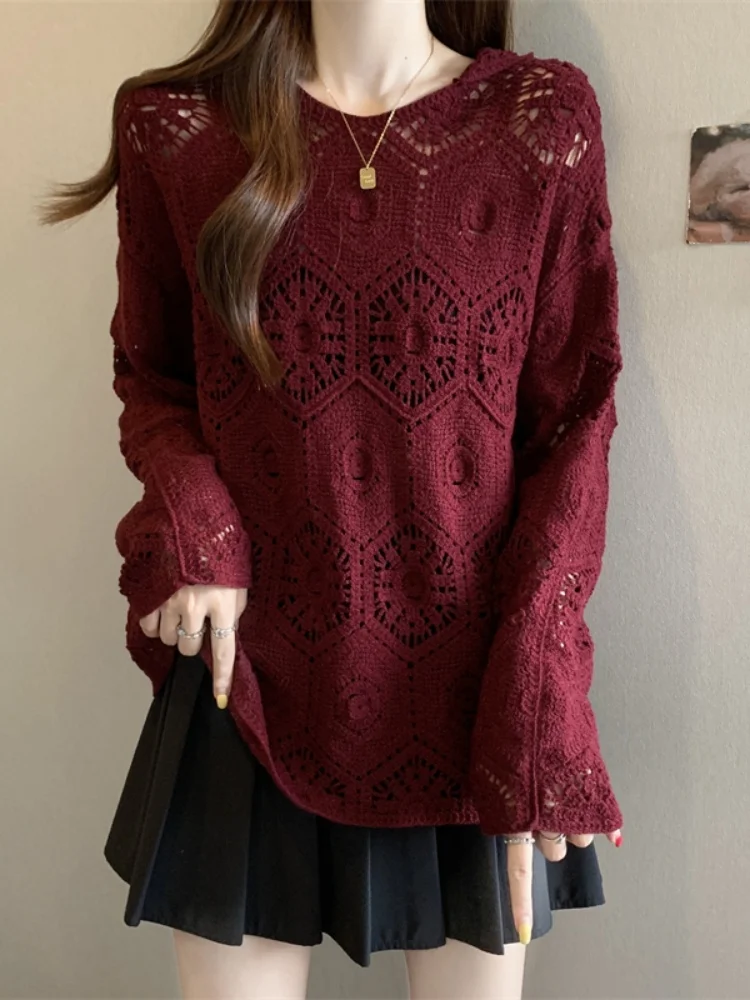 SMTHMA 한국 스타일 디자인 여성용 후드 레이스 탑 가을 게으른 느슨한 자외선 차단 긴팔 탑