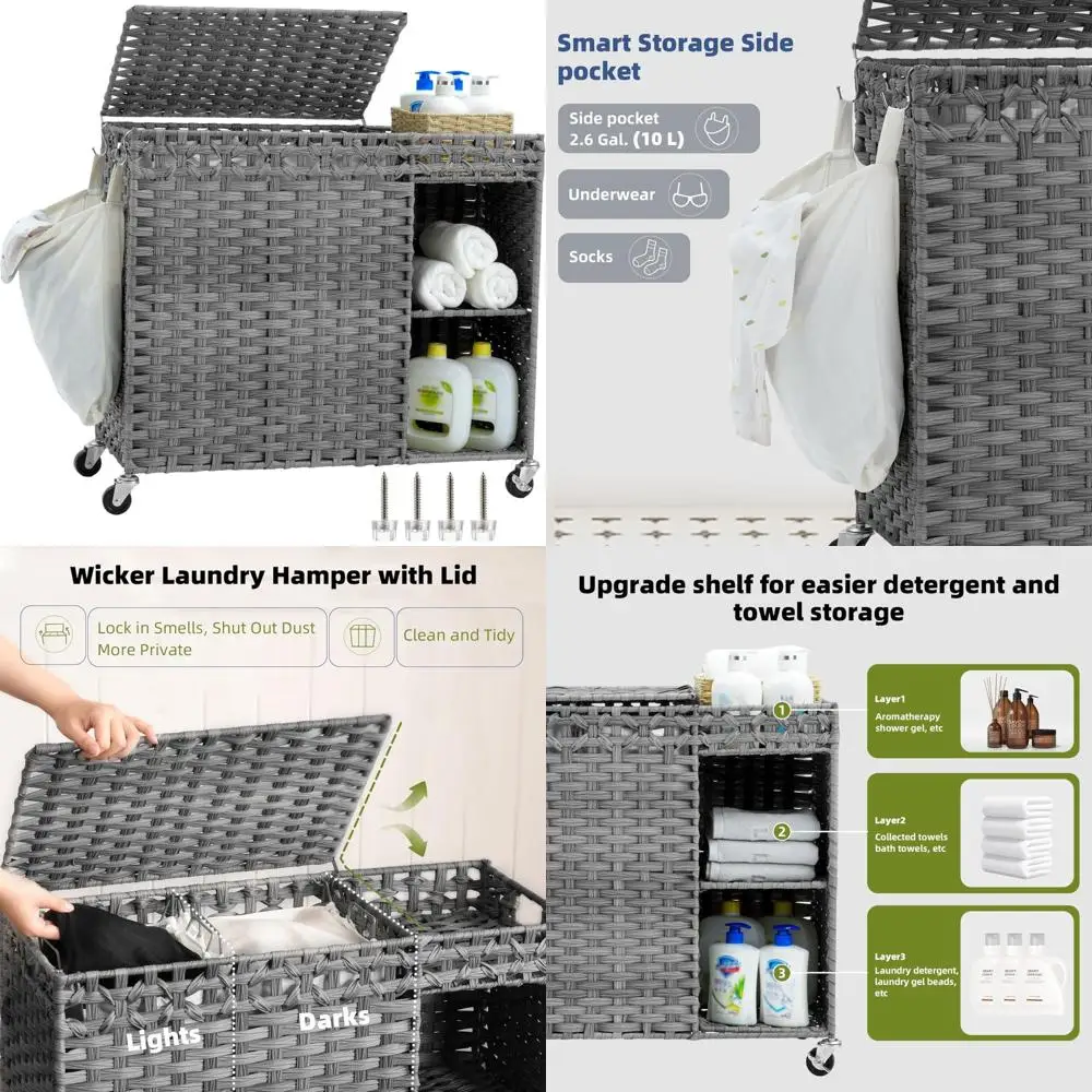 

Плетеная корзина для белья с колесиками и крышкой, вместимость 160 л, двухсекционная корзина ручной работы со съемными перегородками для эффективной прачи