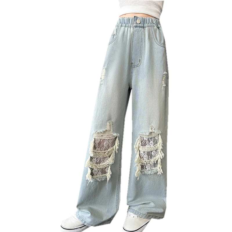 

Teenage Girls Street Style Summer Loose Straight Distressed Ripped Jeans with Lace for Kids Girls Fashion Destroyed Denim Pants