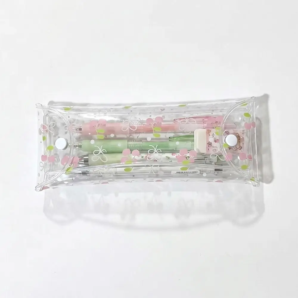 INS PVC Pencil Case Strawberry/Cherry Print Snap-button Type Stationery Pouch Transparent Stationery Bag School Office