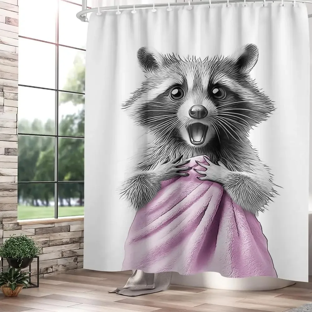 

Funny Raccoon Bathing Printed Shower Curtain Gray Animal Artwork for Cute Modern Bathroom Decor