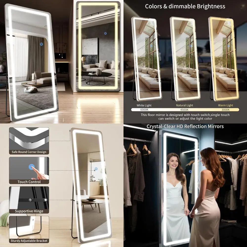 Espelho de chão LED de comprimento total 76x34, cantos arredondados, iluminação regulável de 3 cores, corpo inteiro, em pé