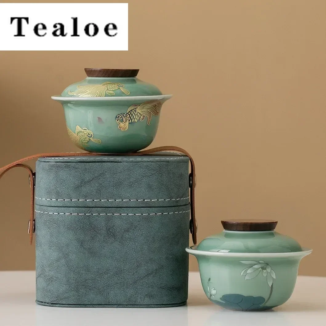 Conjunto de chá portátil de viagem celadon estilo chinês acampamento ao ar livre copo de convidado rápido