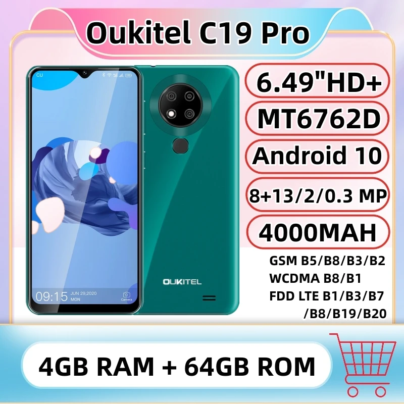 Oukitel C19 Pro Smartphone 4GB RAM 64GB ROM 6.49 Inch HD+ Telphone 4000mAh MT6762D Octa Core Android 10 13.0MP Mobile Phone