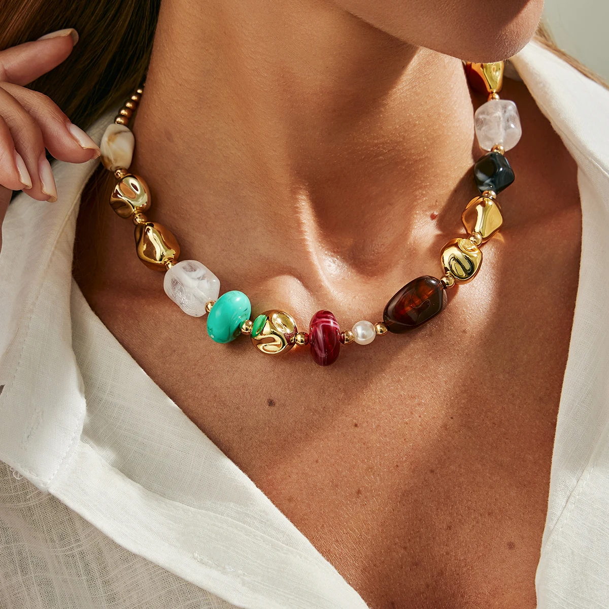 SHIXIN Bohemian Colored Resin Beaded Choker Necklace for Women Vintage Adjustable Acrylic Short Necklace Jewelry on the Neck image 2
