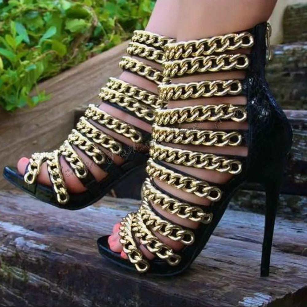 

Black Back Zipper Chain Decor Sandals Stilettos High Heels High Heel Shoes for Women Party Heels 2024 New Zapatos Para Mujere