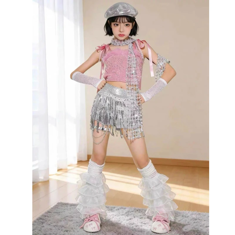 

Girl's Dopamine Jazz Dance Performance Costume, Children's Street Dance Clothing, Glitter Runway Fashion Kids Outfit