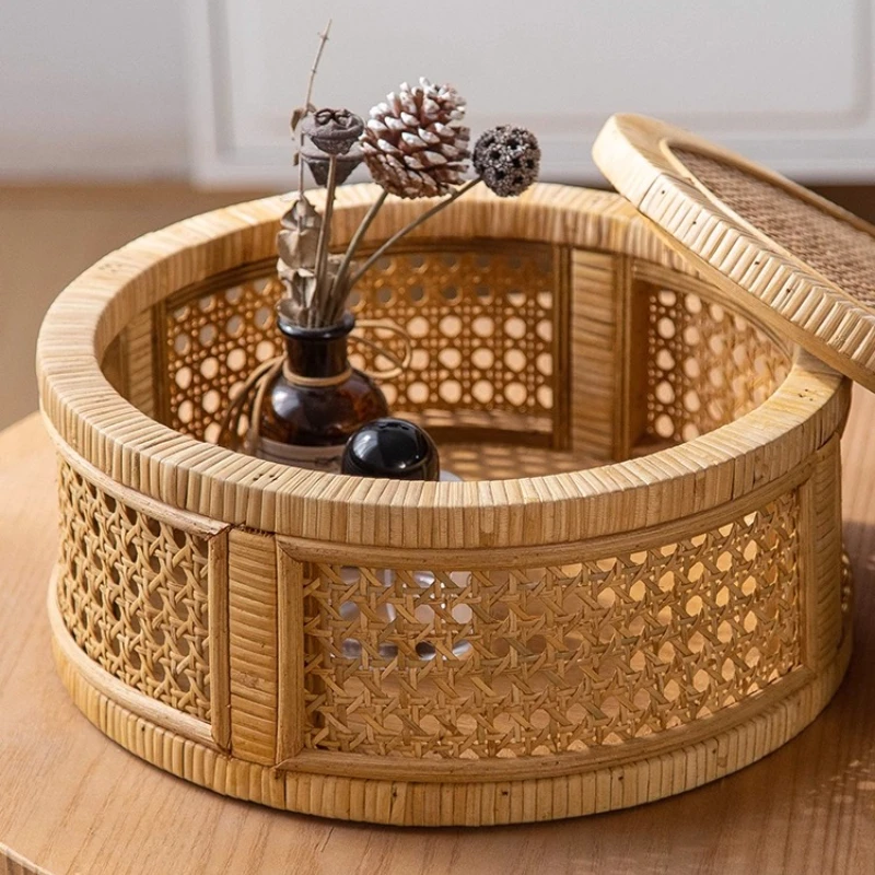 

Multi-Compartment Desktop Organizer with Lid Handwoven Rattan Storage Box Large Divided Tray for Snacks Boho Home Decor Basket