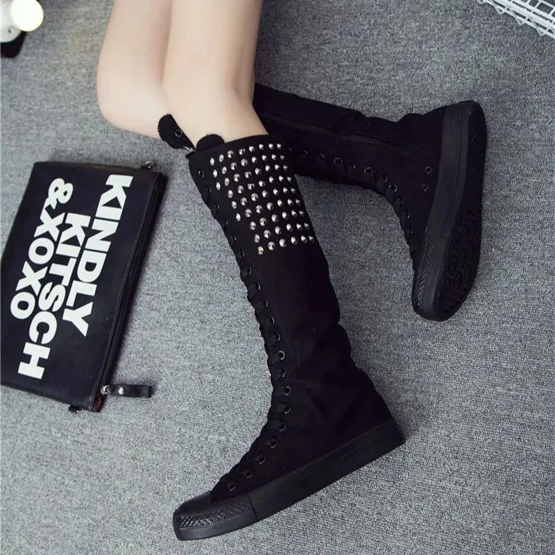 

Sizes 34-43 Thigh High Boots for Women Flat Heel Canvas Shoes Boots Fashion Rivet Punk Zipper Boot Comfortable Women Long Boots