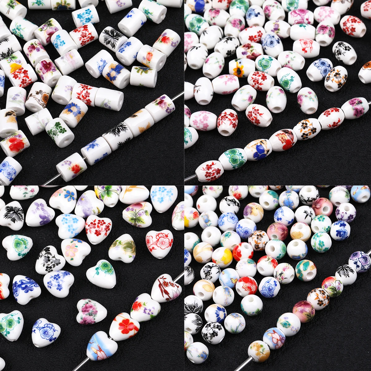 20pcs Random Shape Floral Print Ceramic Loose Beads DIY Decor Pen Bracelet Craft Supplies