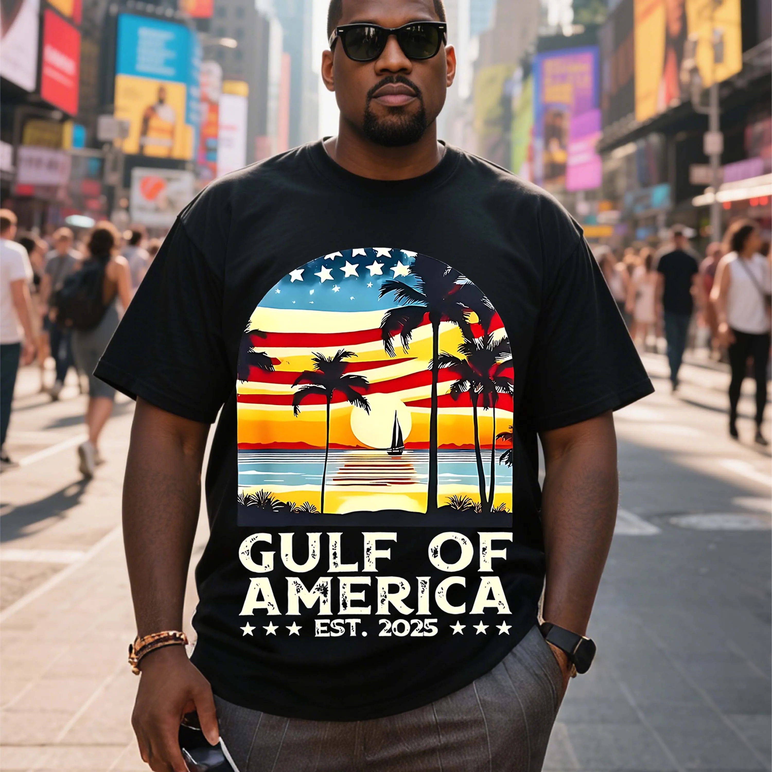 Camiseta de manga corta negra de talla grande para hombre con diseño del Golfo de América adecuada para ropa de ocio al aire libre en verano