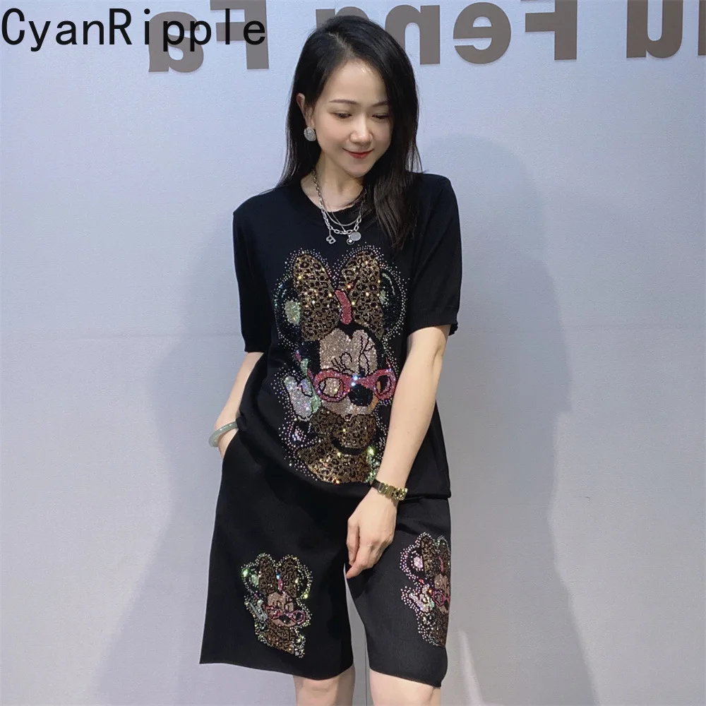 

Trendy Spring Summer Women Knitted Sets Hot Diamonds Mickey Round Neck Short Sleeve T-shirt Top + Elastic Waist Straight Pants