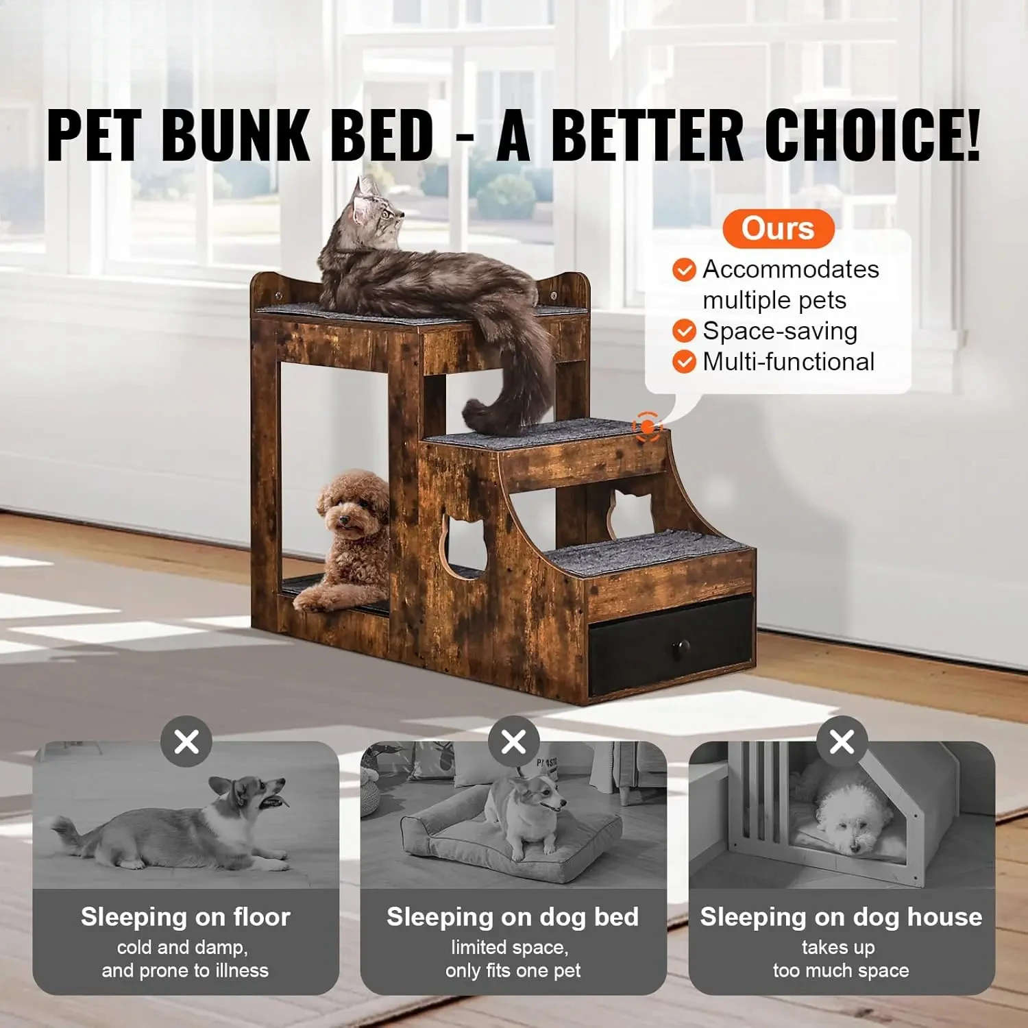 Multi-Level Bed Window Perch Dog Bedside Sleeper Couch,Pet Bunk Bed with Removable Stairs, Dog/Cat Window Perch with Storage