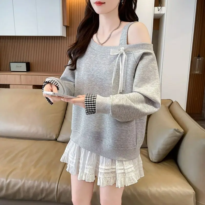 

2026 Spring Fake 2 Pieces Women Loose Casual Single Shoulder Aesthetic Hoodies Lace Bow Stitching Sweatshirts Y2k Strap Pullover