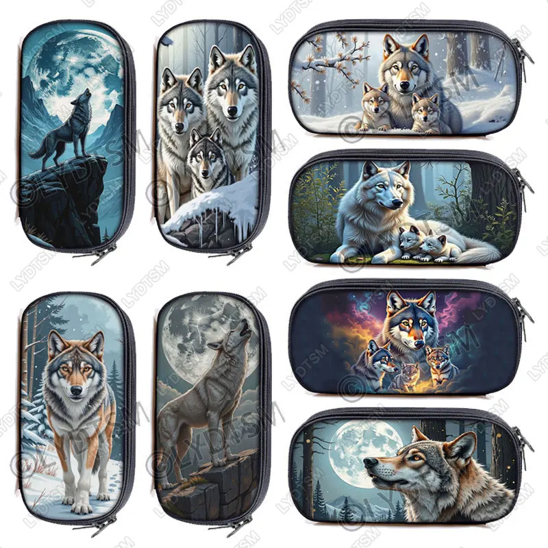 Howling Wolf Under The Moonlight Print Pencil Case Wolf and Babies in The Forest School Pen Holder Cosmetic Case School Supplie
