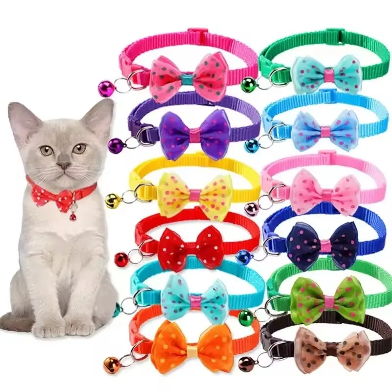 1/2/3/4/5Pcs Fashion Bow Polka Dot Dog Cat Collar Soft Comfortable Pet Accessory With Bell Cat Dog Necklace