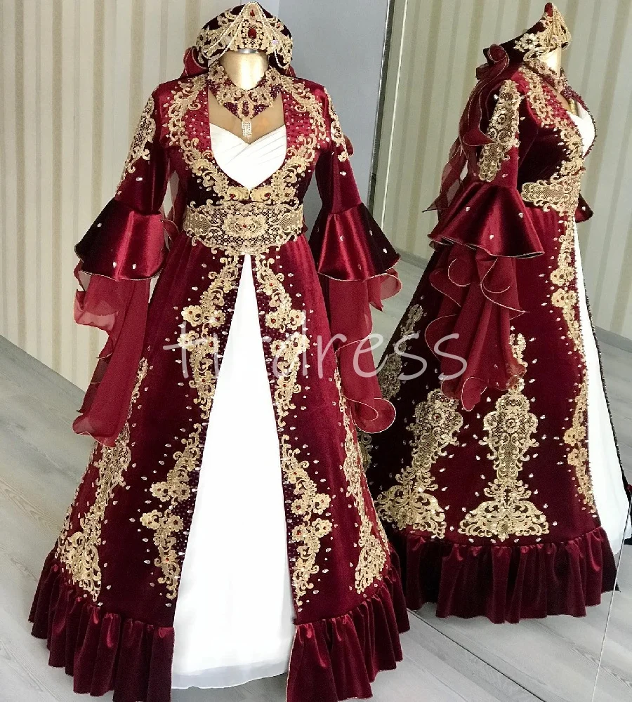 Traditional Red And White Turkey Wedding Dress 2025 Gold Appliques Beaded Moroccan Caftan Bridal Dress Ottoman Islamic Bride