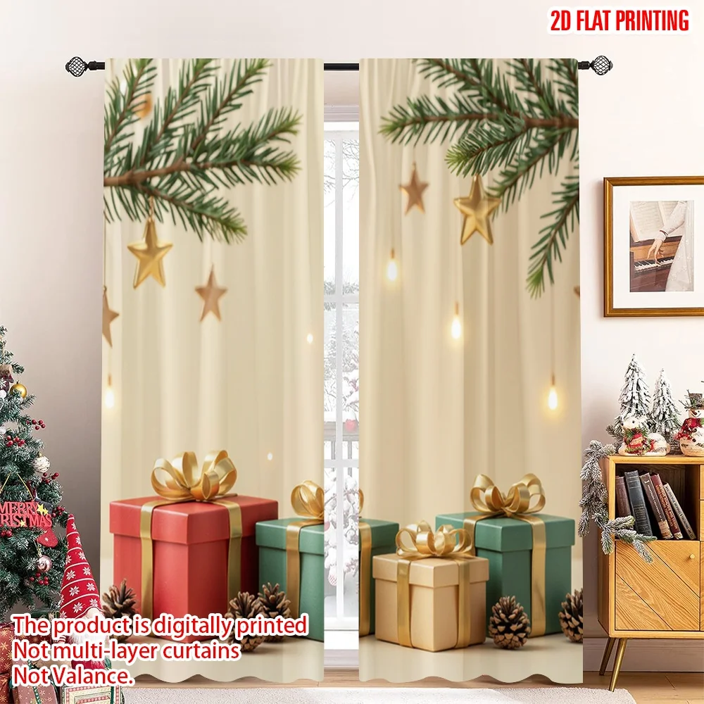 

2pcs 2D flat printing Merry Christmas Popular Window Curtains Christmas Gifts Pinecones Ornaments Stars Polyester Fabric Without