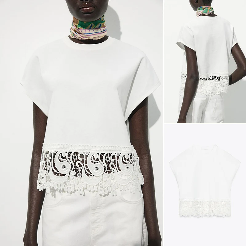 

Summer New Women's Slim Fit Straight Lace Patchwork ort Sve round Ne T-irt Casual Sle Loose Polyester Fiber Pure C...