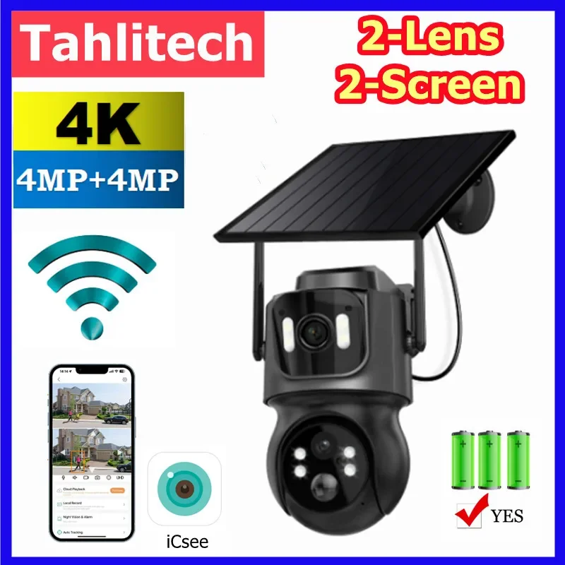 8MP Wireless Solar Camera Dual lens WiFi PTZ Cameras Outdoor Built-in Battery Video Surveillance Camera Long Time Standby iCsee