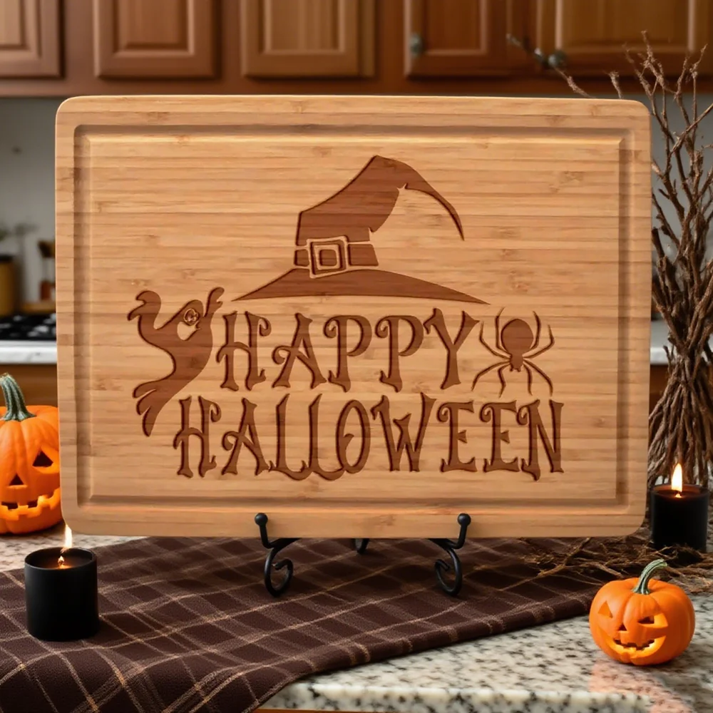 

Happy Halloween Cutting Board Engraved Bamboo Board Halloween Witch Witchy Spooky Kitchen Decor Housewarming Hostess Gothic Gift