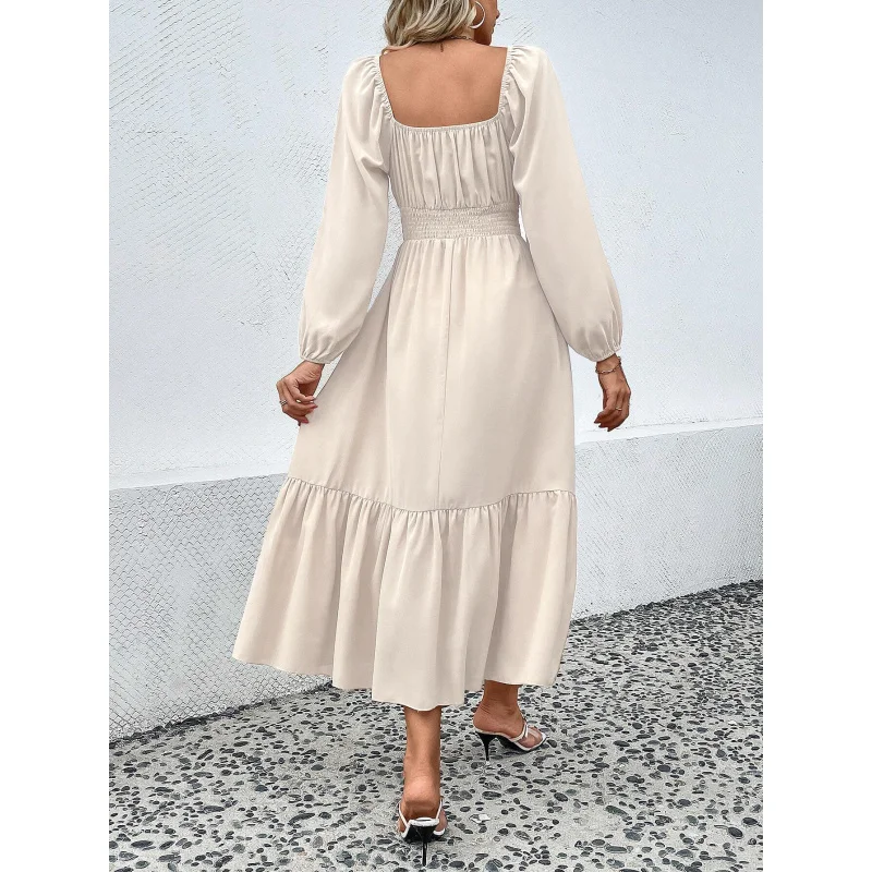 YQ1-المرأة الخريف الشتاء جديد الخصر مقصوص تنحنح كبير كم طويل ساحة الرقبة أنيقة ركاب فستان طويل