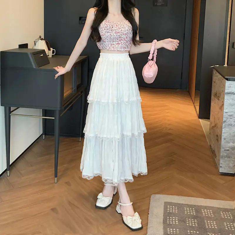 

2024 New Summer Cake Dress Women's Lace Skirt High Waist Slimming Sweet Freshness All-match Fashion Pure Color Mid-length Skirt