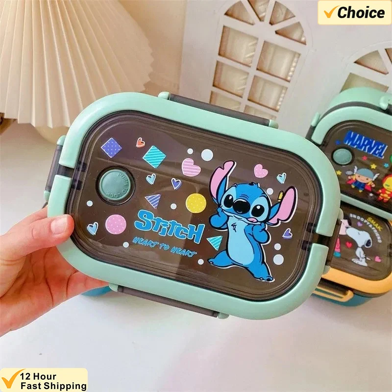 Disney Stitch Cartoon Portable Lunch Box Child Student Hermetic Bento Box Office Portable Double Layer Lunch Box High Capacity