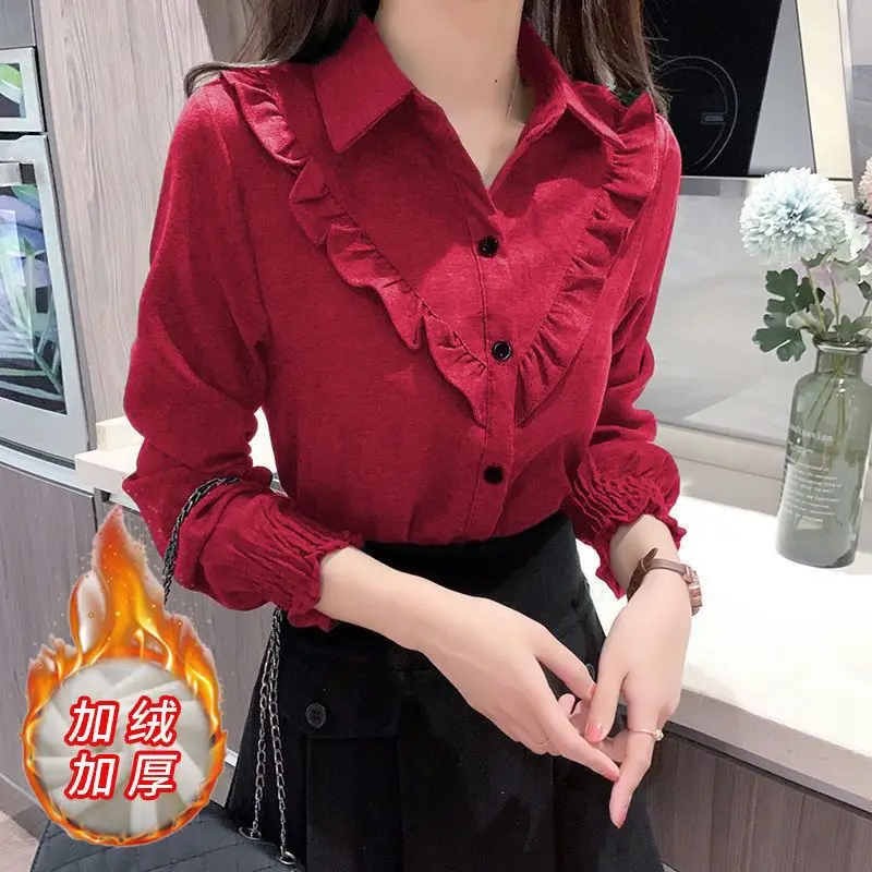 Corduroy Fleece Shirt 2024 Women Solid Long Sleeve Ruffles Tops Female Winter Fleece Casual Warm Blouse Autumn Elegant Clothes