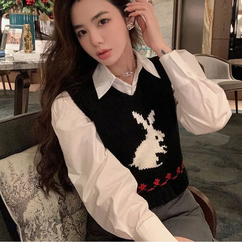 

Женский облегающий вязаный жилет с v-образным вырезом и кроликом, пуловер без рукавов, свитер, жилет, уличная одежда, шикарный многослойный топ на осень-зиму