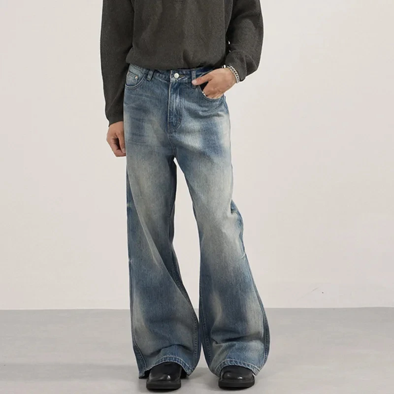 American Style Men's Denim Pants Washing Contrast Color Wide Leg Loose All-match Casual Male Boot-cut Jeans Autumn