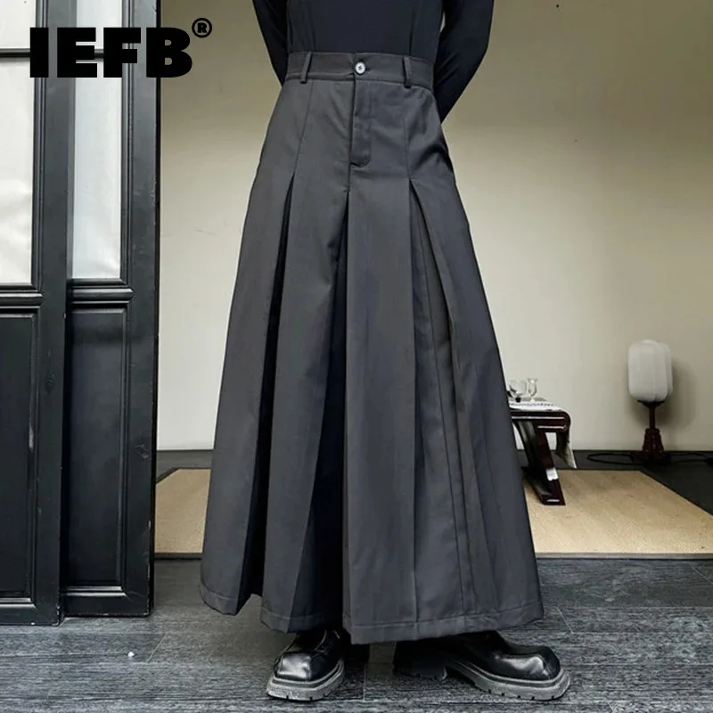 IEFB Pleated Men\'s Wide Leg Pants Personality Button Solid Color Male Casual Trousers Dark Style Spring New Trendy 2024 9C4242