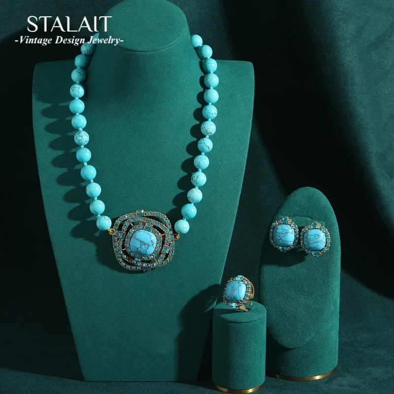 

Bohemia Beaded Luxury Turquoise Jewelry Sets Blue Natural Stone Square For Woman Rhinestones Vintage Gifts Party Wedding 2025