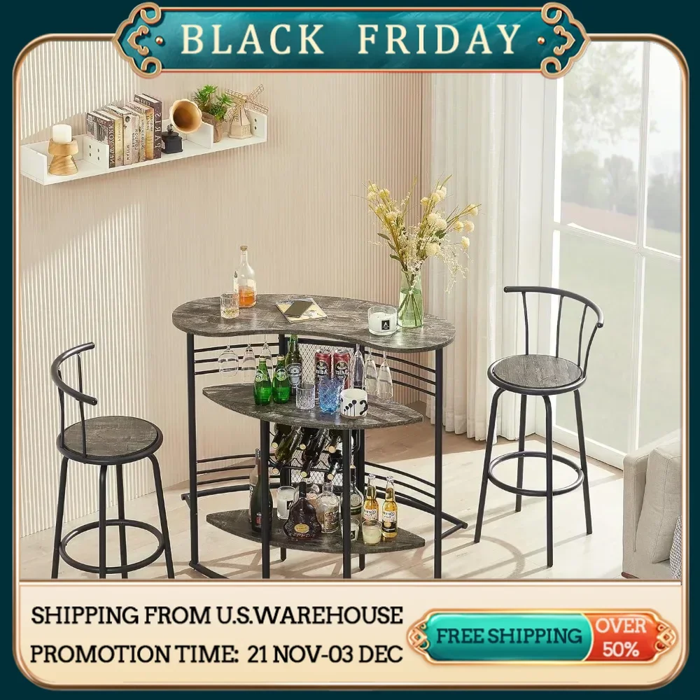 

Dining table, 3-piece restaurant storage rack, suitable for indoor kitchen table+2 dining chairs, counter dining table