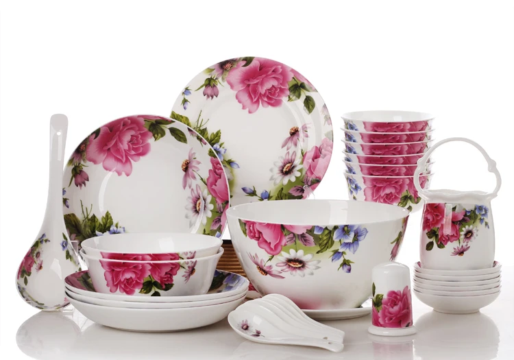 30pcs Set, Floral Bone China Dinnerware, Beauty Ceramic Dinner Bowl Plate Food Container, Storage Container