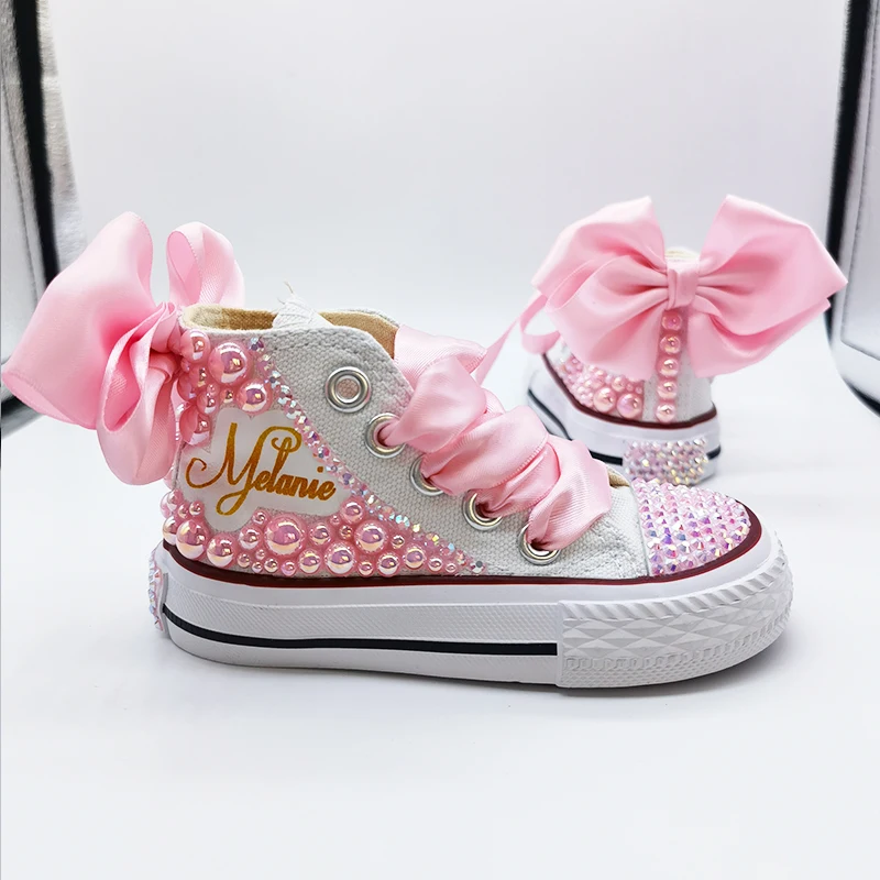 Kids Shoes Name Photo Custom Design For Girl Birthday Party Canvas Dollbling Handmade Bling Rainbow Pearls Sneakers