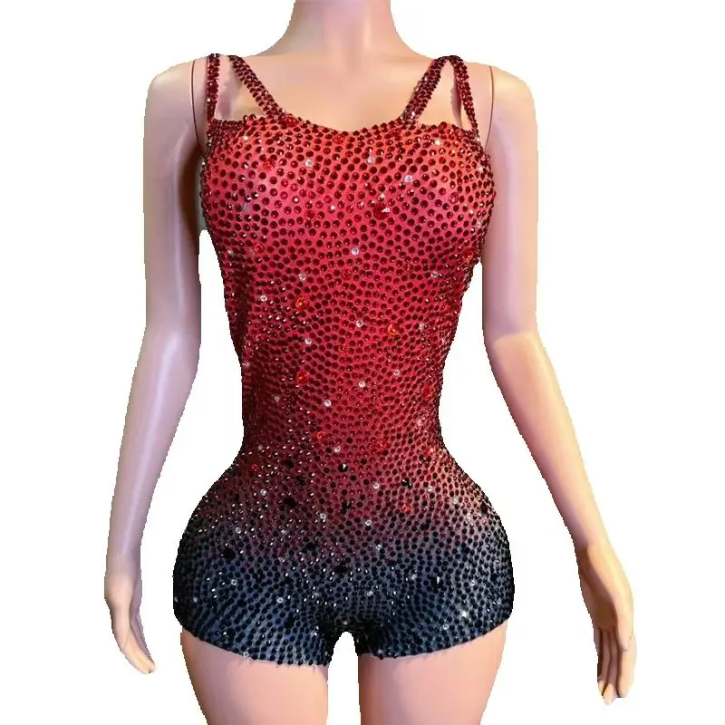 Halloween Cosplay Rave Outfits Red Black Rhinestones Bodysuit Women Pole Dance Gogo Costumes Nightclub Bar Stage Wear XS10163