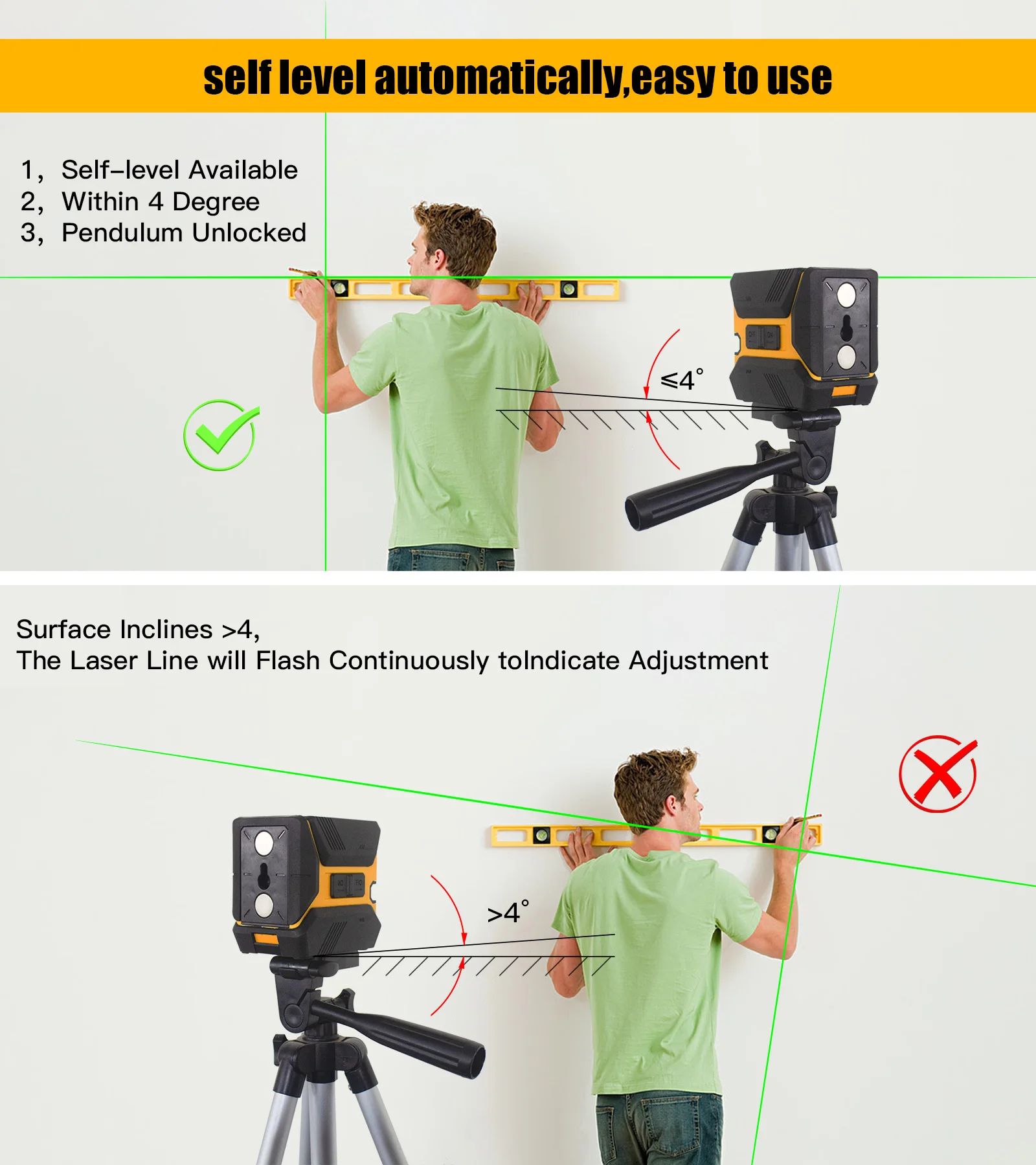 RONGPRO Auto Leveling Laser Level, 50ft/15m 360 Crosshair Green Construction Tool with Magnetic Base and Tripod for Portability