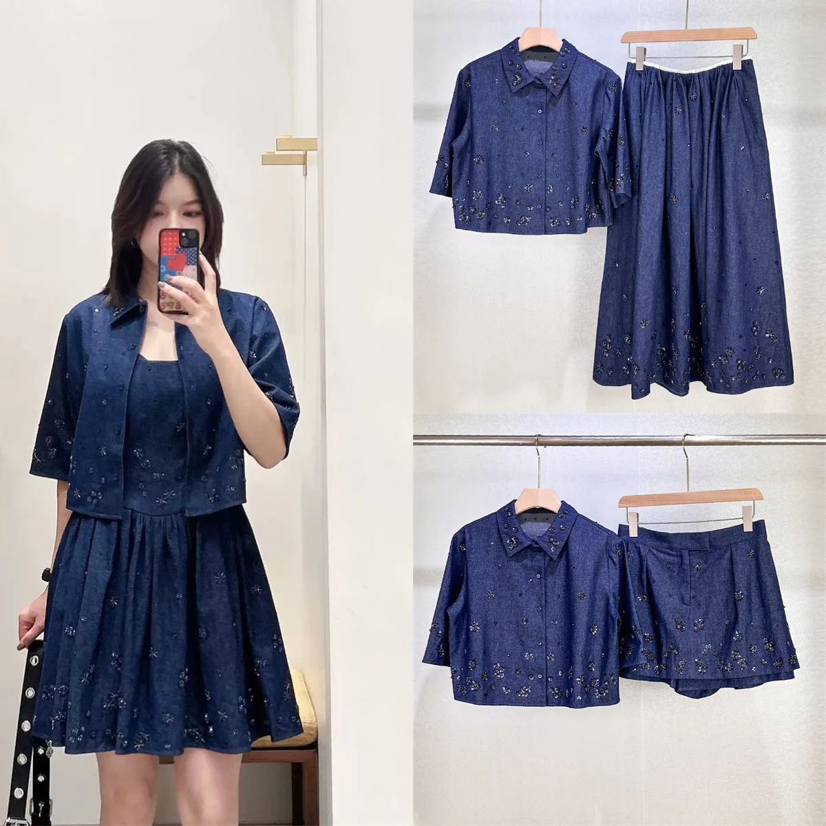 Vestido sin mangas de mezclilla con lentejuelas y bordados para mujer, corte A + Camisa de un solo botón + Falda pantalón con cremallera + Jupe de cintura elástica