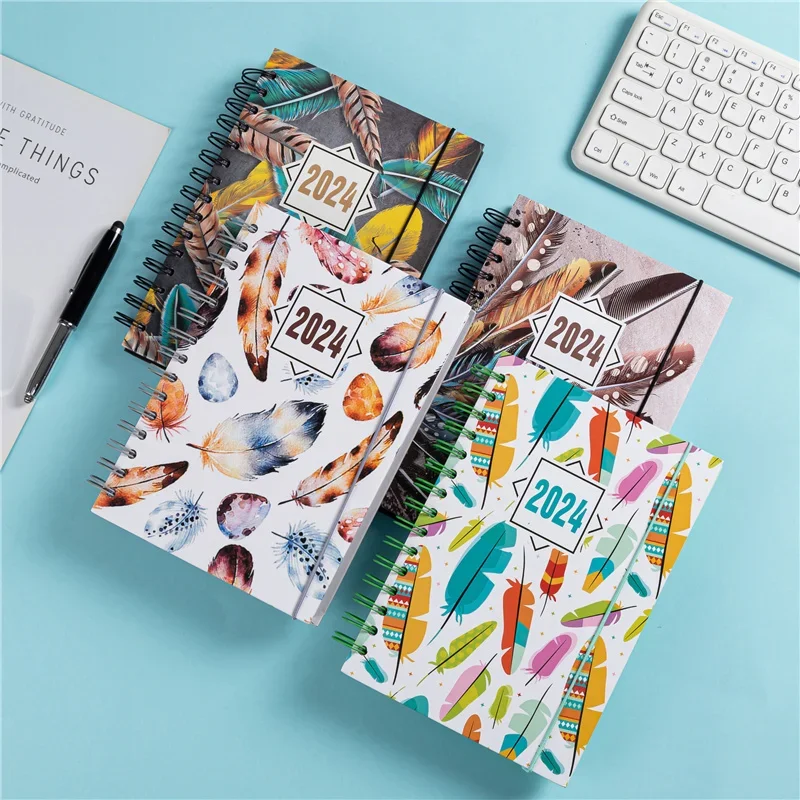 Colored Feathers 365 Day Calendar Planner Daily Planning Notebook 2024 Agenda Schedule Notebooks for School Office Journaling