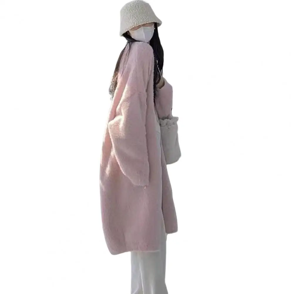 

Solid Color Jacket Mid-length Coat Cozy Mid-calf Length Women's Winter Coat with Thickened Plush Sleeves for Temperature