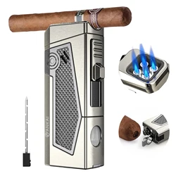 Cigar Lighter 4 Torch Jet Flame,Cigar Punch & Holder & Draw Enhancer,Refillable Torch Lighter,Multi-Functional Cigar Accessories